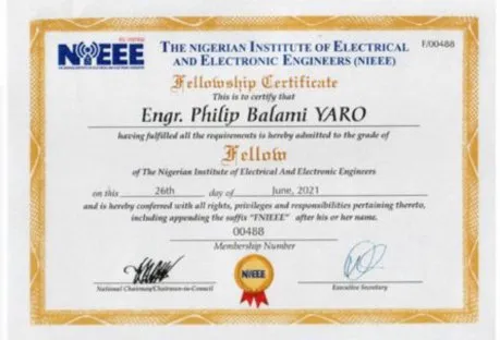 Fellowship Certificate – Nigerian Institute of Electrical & Electronic Engineers